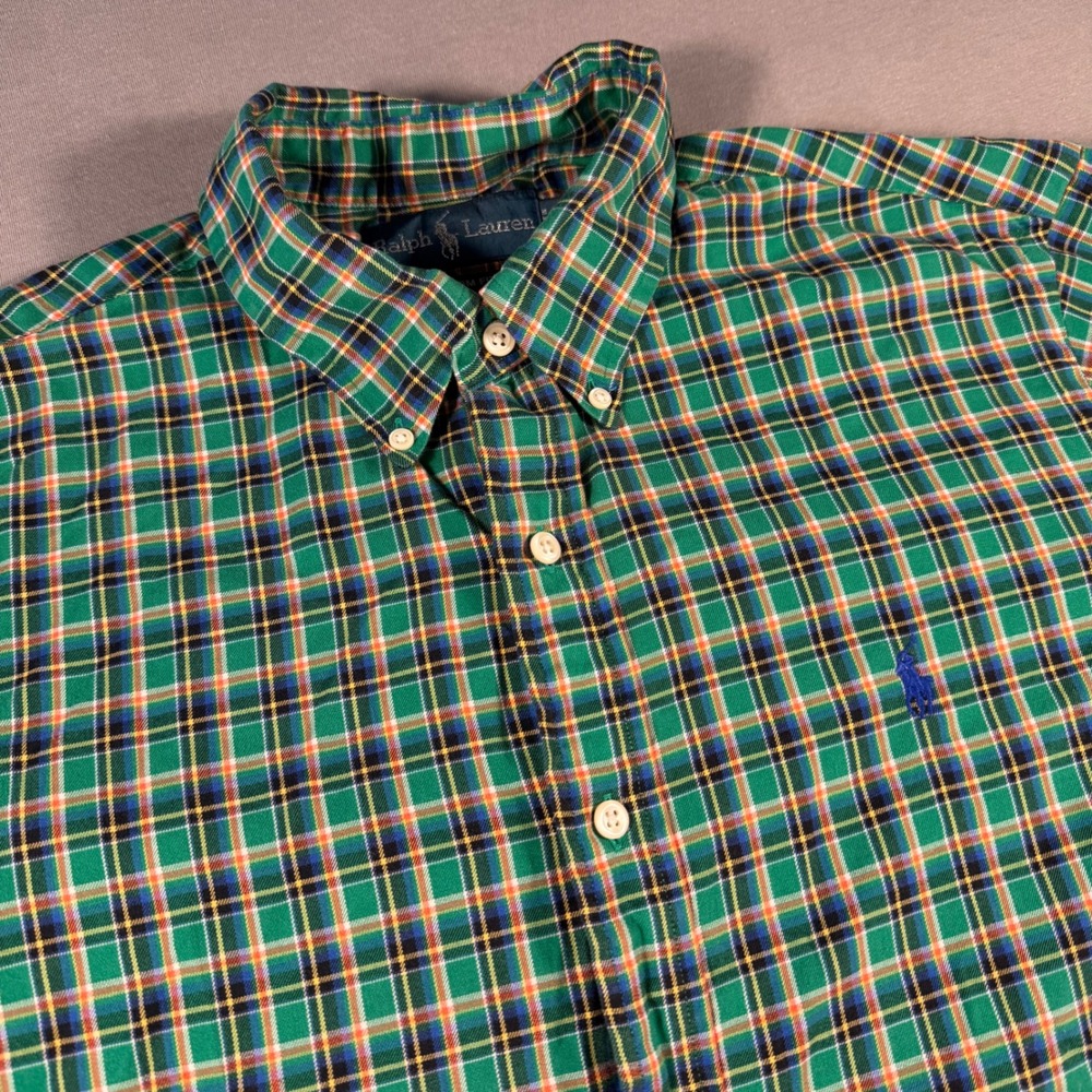 Ralph Lauren Mens Custom Fit Green Plaid Long Sleeve Button Down Shirt Large